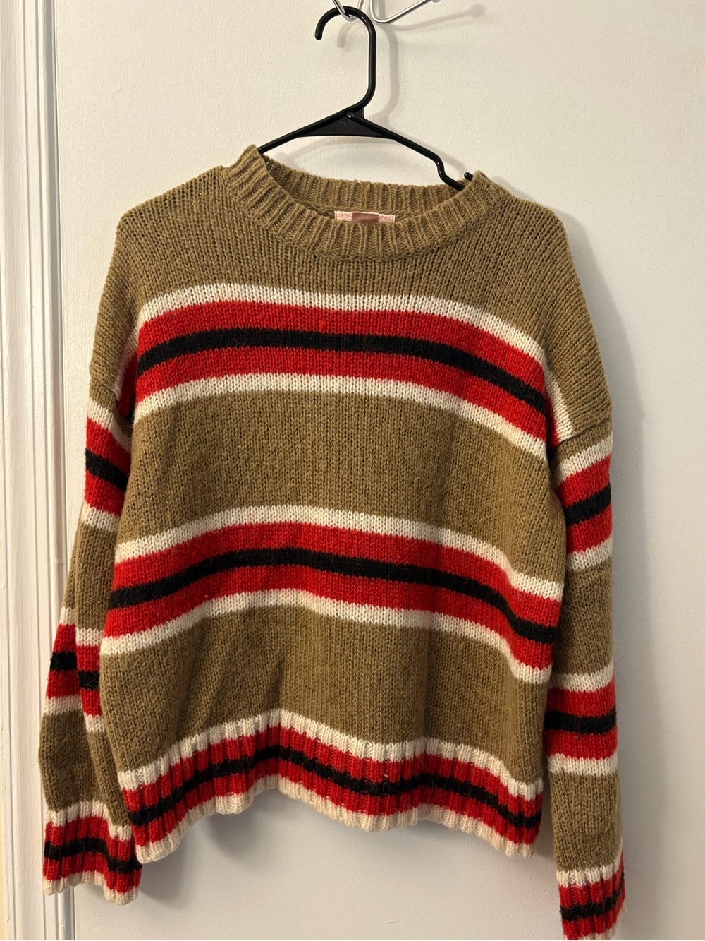 Urban Outfitters Olive Crewneck Sweater with Red, Black and Cream Stripes